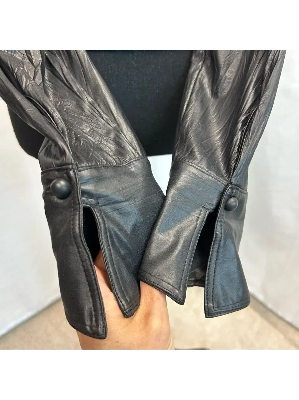 Joseph Ribkoff black faux leather full zip front buckle jacket wrinkled style 6